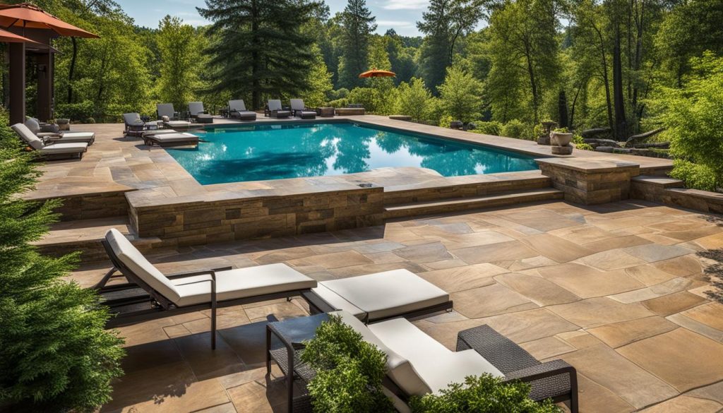 flagstone decking, pool area