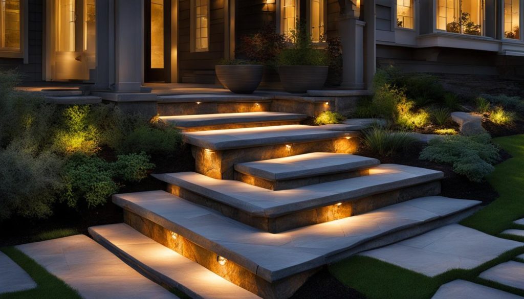 Interlocking and flagstone steps with lighting fixtures at night